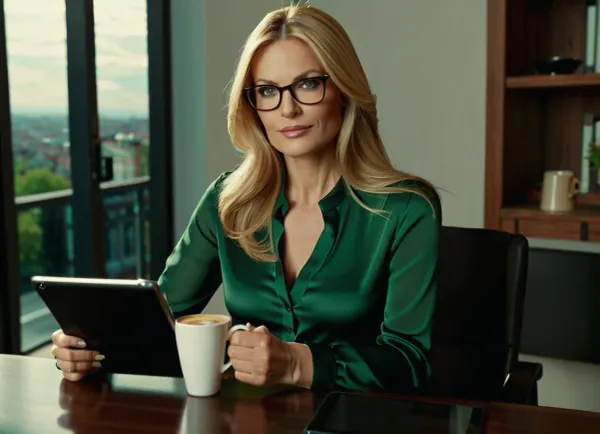 (Close-up), (one attractive female psychologist:1.1), middle-aged, (sitting in, (a comfortable chair:1)), 1.1, (wearing glasses:1.2), (looking at the viewer:1.1), (long blond hair), (businesswoman, woman:1.3), (half-unbuttoned green silk blouse:1.2), low neckline, (holding a tablet:1.1), (dark gray skirt above the knees), (black tights:1.2), ((in an ultra-modern cozy office)), the city is visible through the window, blurred background, (cup of coffee on the table:1.4), (soft diffused light:1.1), depth of field, (photorealistic:1.3), (studio shot:1.1), (masterpieces:1.3), (high quality:1.2), (hyper-detailed:1.3), 8k, cinematic lighting, high-quality materials, DTM