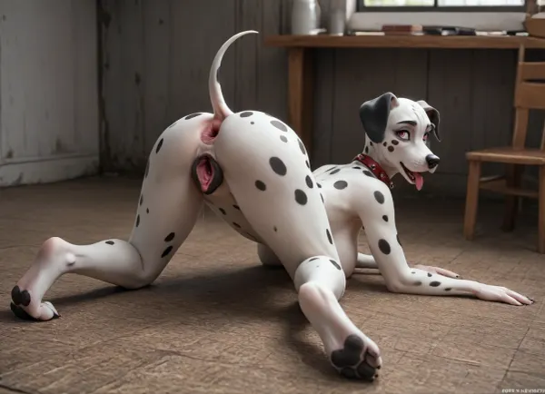 field scene, full body, ass up aggressively, huge tits, (((perfect feminine seductive dog fucked by a mustular male))), ((((perfect solo dog)))), perfect Sexy dog Dalmatian female, very big ass, ((seductive sexy dog body)), perfect busty and big ass dog, detailed fur, tail, pink eyes, tongue out, drooling, spread legs, gaping pussy focus, excessive wet pussy, massive boobs, perfect black anus, dogs pussy, (black dalmatian genitals), (((perfect Dalmatian))), (((charming look of the dog))), On all fours, (((rear view))), (((((((perfect detailing))))))), <lora:outline_xl_kohaku_delta_spv5x:.5>