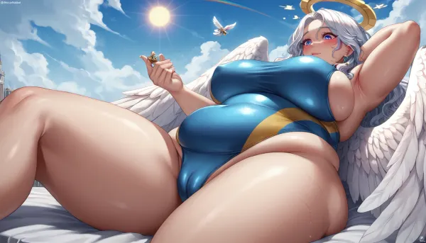 (low angle close-up of face and hand), busty giantess angel holding a tiny coin in her giant hand, sunbathing, tall, angel, heaven, rainbow feathers, colorful, love, arousal, ((size difference)), blushing, curvy, overweight, tight one-piece swimsuit, sideboob, cameltoe, sun goddess, awe-inspiring, 8K, 4K, <lora:Taretiti_XL-v1:.8>, <lora:Venus_Body_Alpha:.8>