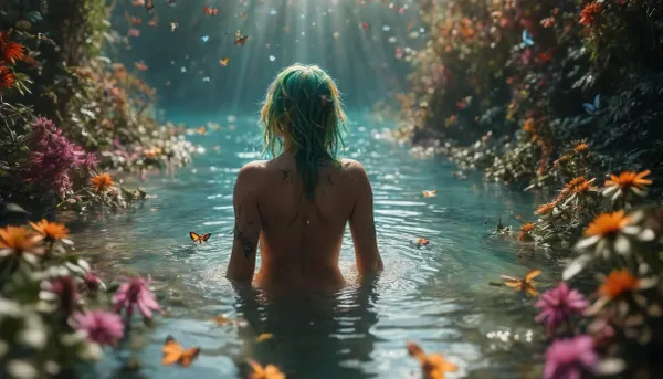 (full body backside view:2), Morning mood in an underwater garden full of flowering cannabis plants. Large, phallic blossoms. The sun slowly breaks through the turquoise water. A naked, green-haired, skinny, hot, self-confident stunning woman, (is surrounded by a extraordinary large swarm of hundreds of beautiful and colorful realistic butterflies:1.7), Her entire body is covered in floral green tattoos, (glowing green tattoos:1.3), a perfect face, perfect green eyes, a quiet smile, rich green hair, (strong morning backlight), sunlight_str1, cloudy, smoke, atmospheric, clouds, underwater, grotto, cave, sandy, sea, floor, reef, <lora:sunlight_str1-SDXL_v1-dim64-steps1691:.7>, <lora:Cloudy_Style:.4>, <lora:MJ52:.6>, <lora:Underwater_Environment_v01-000002:1.1>, FRESHIDEAS, Real, Photography, 2#, <lora:FRESHIDEAS Real Photography 2#:.8>
