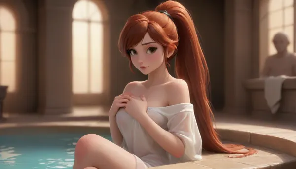 (Greek bathhouse, crowded, 1girl, sitting on the side of pool), Megara from Hercules, big eyes, brown eyes, gorgeous lips, very long hair, redhead, sideswept bangs, high ponytail, fair skin, big boobs, horny face, smiling, wet body, wet clothes, Greek toga, white silk toga, off-shoulder, see-through clothes, alluring pose, hands squeezing own breasts, breasts, silhouette, <lora:Samaritan 3d Cartoon SDXL:.5>, <lora:princess_xl_v2:.5>, <lora:fantasy_toga_sdxl_v2.3:.5>, <lora:breasts silhouette XL:.5>