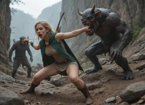 female elf with blonde hair wearing green hooded cloak, action pose, determined look, bow and arrow, archer, standing on a rock above monsters, black devil monsters, monster climbing up towards woman, monsters with crazy tongues and horns