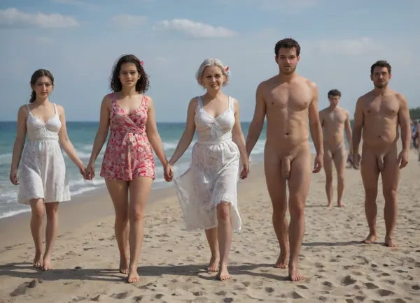 (very old obese granny in floral sundress), hair bow, is walking down the beach, holding hand of, (slim naked man with flaccid cock), each, surrounded by group of young naked men and women in sundresses, . Looking into eyes. Happy. Sunny day.