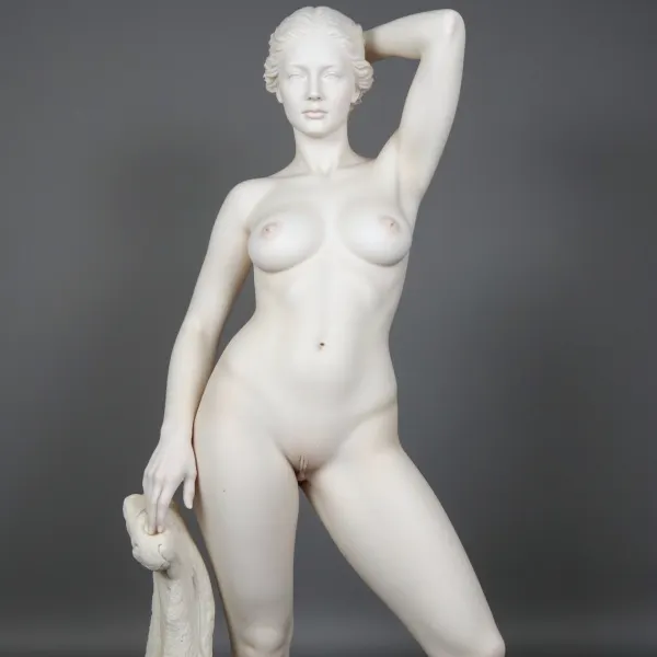Full white marble Statue of 21 years old big breasts tiny waist woman, full body