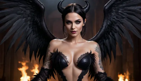 woman, black hair, succubus, full body, black rippled horn, dark, breasts, smokey eye, alluring, glowing eyes, dark fantasy background, grinning, tattoo, black feather wings, <lora:add-detail-xl:.5>