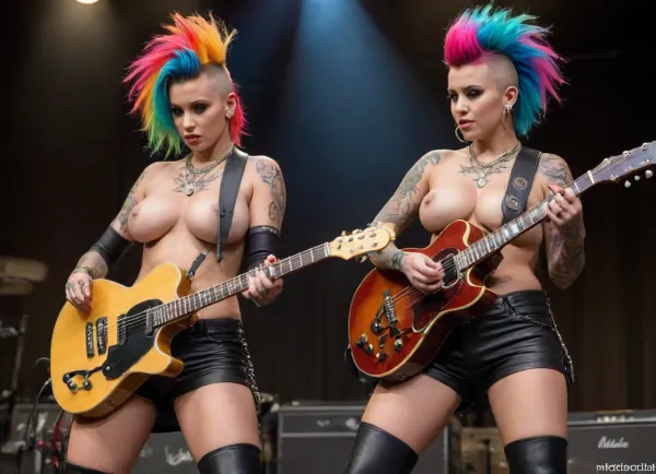 masterpiece, high resolution, highly detailed, 8k, ((2 young women:1.5)), (playing guitar:1.4), (cute faces:1.5), (showing naked tits:1.5), (mohawk:1.5), (huge tits:1.5), (colored hair:1.4), (leather shorts:1.4), (leather boots:1.4), (leather jacket:1.4), (rock attitude:1.5), (chains:1.5), (tatoos:1.5), Atomictits, r0ckc0ncert, on, stage, light, show, smoke, instruments, PACIFICA612VIIFM, instrument, guitar, <lora:AtomictitsXL:.5>, <lora:Rock_Concert:1.5>, <lora:PACIFICA612VIIFM_SDXL_V1:1.5>