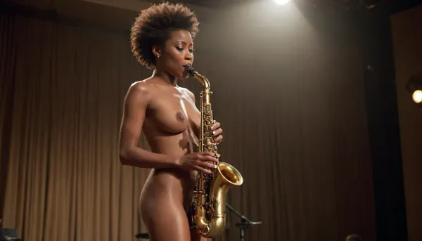 sexy African American, playing saxophone, completely naked, naked, shaved pussy, hairless vagina, stage, full view