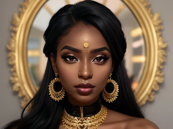 Artist makeup, instagram black model girl, black face, very dark skin, focus on her face, perfect face, makeup like mel medarda with a gold suare on her lower eyelids, jellow mark bellow her eyes