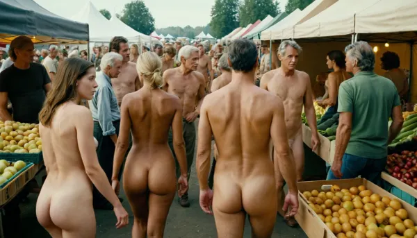 In this warm country, the rule of law states that Men may wear clothing, but all women must remain naked nude at all times. This is a scene from a crowded farmers market, mixed gender, mixture of ages, (18-80), heights, builds, and races