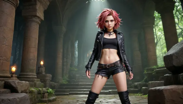 ((full body view, wide angle view)), Very detailed an adult woman wearing rocker clothes, leather jacket black shorts, extremely detailed face, (very detailed hair), creepy dungeon environment, slimes, (secret of mana), (merged with dungeons and dragons), JRPG, art by MSchiffer, pixiv, konachan, high contrast, flat colors, cel shaded, <lora:nudity_v02_i1300:.5>