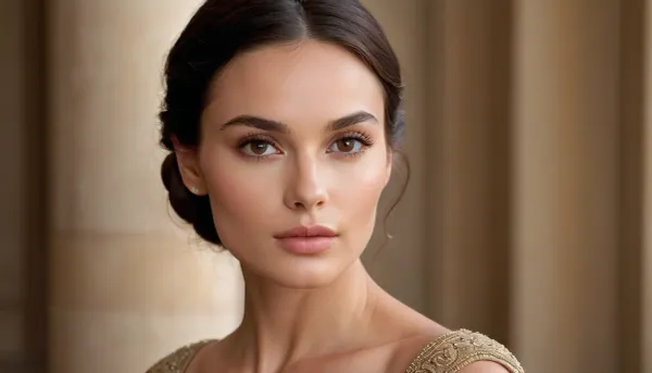 Generate a stunningly elegant woman with classic Mediterranean beauty. She has a symmetrical oval-shaped face with a flawless, creamy complexion. Her full lips are naturally shaped and slightly pouty, with a subtle hint of pink. Her deep, almond-shaped eyes are dark brown, framed by thick, gracefully arched eyebrows, and long, lush lashes. She has high cheekbones and a soft, slightly rounded jawline. Her straight, dark chestnut hair falls smoothly past her shoulders, adding to her sophisticated allure. Her expression is serene and timeless, exuding both warmth and mystery, set against a soft, neutral background.