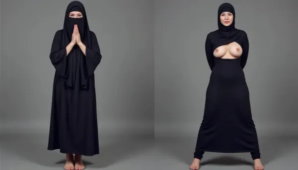 (side-by-side two pictures of a petite woman, standing, in front of viewer), (On the first picture on the left, burka, praying with folded hands, on knees, closed legs, closed eyes, head down), (On the second picture on the right, burka, breasts sticking out through a small opening in the front, hands behind her back, spread legs)