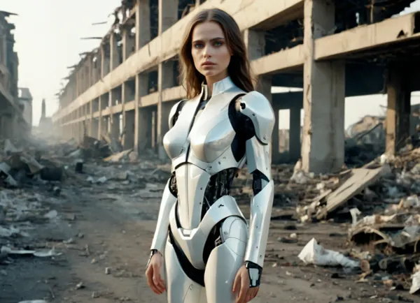 Cinematic shot, masterpiece, (full body:1.7), perfect eyes, perfect body, A human looking robot with a very beautiful face like a young girl, the slim body is made of white shiny metal, it stands in a broken road of a apocalyptic destroyed city, the face looks sadly.
