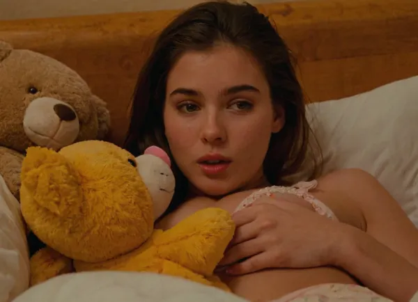 Little rubs her little cunny, ((masturbating, rubbing her pussy)), young adult, 18 years old, (detailed face), lying in bed together with a lot of plushy stuffies, frustrated because Daddi won't let her cum