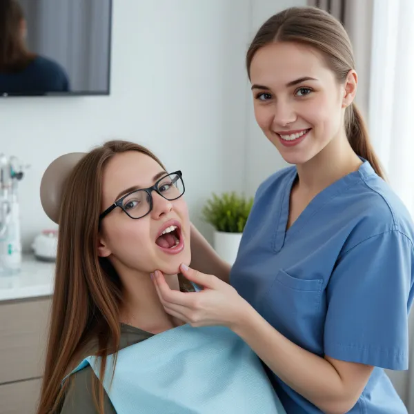 A detailed and realistic depiction of a youg female dentist and a young woman patient with glasses in a modern dental clinic. The dentist is wearing a blue scrub top, preparing examing the patients teeth. The patient, mouth wide open, wearing a blue patient gown and looks slightly anxious and painfull. Frontal view, The background shows a clean and organized dental office, with modern equipment and a dental instruments on a side table.