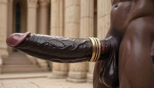 ((side view)), dark black cock, ((lipstick marks on cock)), ((ultradetailed 3d render)), ((oiled)), glistening skin, from the side, erect, ((penis curved upwards)), (arched tip), hyper gigantic black dick, ((prominent complex wide luxurious cock ring)), (muscular thighs), muscular abs, massive black penis, clear-honey-like oil over the penis, (thick dark black dick), (enormous black dick), (african gorilla male, fantasy anatomy), ((solo)), ((very dark skin)), balls visible