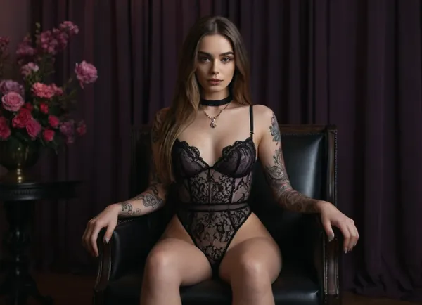 A hyper-realistic picture of a woman sitting on a modern chair in an indoor setting. The woman has long, straight hair and is dressed in a lacy black bodysuit with intricate detailing. She is posed with one hand holding her breast and the other resting casually, highlighting a large floral thigh tattoo. Her makeup is glamorous, with bold lips and defined eyes, complementing her choker necklace. The scene features moody pink and purple lighting, creating a sensual and artistic atmosphere. A reflective glass table in the foreground mirrors her pose and adds depth to the composition. The background is minimalistic with dark curtains and subtle modern decor, allowing the focus to remain on the subject and the interplay of light and shadow., alt_style, <lora:alt_style:.4>