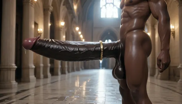 ((solo very-dark black male)), genital closeup, dark black cock in focus, (porn lighting, penis jewelry), (ultradetailed veiny texture), oiled, black skin, erect, penis curved upwards, arched tip, ((hyper gigantic black penis)), (side view), (bulbous veins), ((huge thick luxurious wide cock ring)), muscular dark thighs, ((massive giant black penis, dark, red details, sophisticated lair, demonic themes)), (luxurious lush lube oil over the penis, wet penis), hyper dark black dick, pentagram, domination, (girthy huge cock revealed, enormous black dick, phallic details, dark hung african, exquisite phallus, solo), darkx, (oily, dark skin, saggy balls, balls fully visible, fantastical special phallus), (dark luxury, sexual anticipation), volume effect, nightly