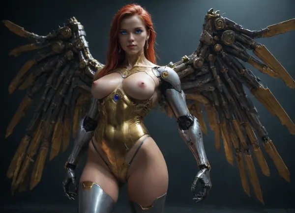 1girl, long hair, red hair, ponytail, golden tan, (golden armor corset), (very very gigantic golden Cyborg wings), (silver cyborg armor tights), (Cyborg body:1.9), (blue glowing eyes:1.3), (golden Cyborg breasts), (silver Cyborg hard nipples), (Cyborg belly scar), Shiny skin, Cyborg highleg panties, Cyborg thighhighs, Cyborg Claws, Cyborg bridal gauntlets, cowboy shot, (Neon style:1.3), cyborg, style, android, <lora:cyborg_style_xl-alpha:1>, <lora:ThePitXL:1>