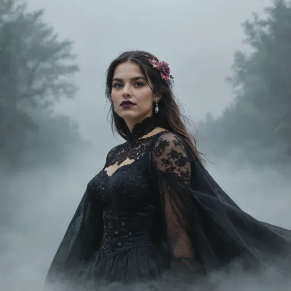 (fog:1.9), The foggy city, The Princess of the mist, a beautiful young woman partially obscured by fog, a complicated old hairstyle, Flowers in her hair, antique clothes, dynamic pose, 8k wallpaper, very long black hair, ((hyper realistic, masterpiece)), beautiful girl, ultra texture quality, smiled face, black lipstick, big lips