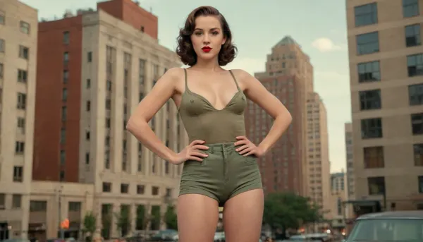 full body view, wide angle, NSFW, Create a striking image of a woman embodying the classic pin-up style of World War II nose art, set against a modern urban backdrop. She has a vintage look, featuring tight-fitting clothing that includes high-waisted shorts and a stylish backless top, reminiscent of the 1940s fashion. The scene is bathed in warm, soft lighting that highlights her confident pose, showcasing her as a bold figure amidst the contemporary cityscape. Surrounding her are elements of modern architecture, with a blend of retro aesthetics, such as art deco buildings and vibrant street art. The high-resolution graphics should capture intricate details, from the textures of her clothing to the lively atmosphere of the city, creating a vivid contrast between her vintage style and the modern environment., <lora:torpedotitsv3:.5>, <lora:nudity_v02_i1300:.5>