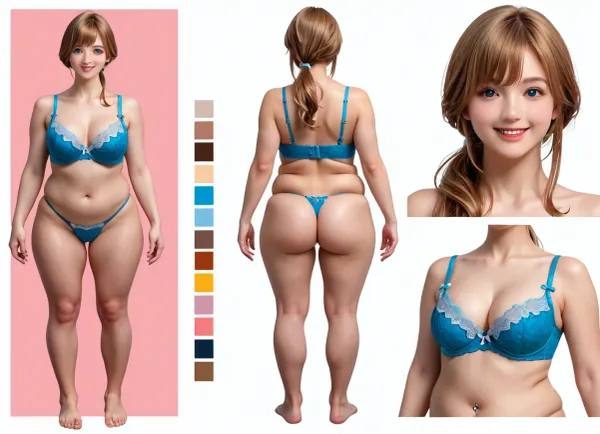 multiple views of the same character, model sheet, character sheet, reference sheet, masterpiece, ultra-detailed, best quality, (photo-realistic, hyper-realism, clear image, detailed face:1.2), (full body shot:1.2), cute, 21years old, Japanese girl standing straight, (frontal body, arms at sides, wide stance), facing forward, smile, clean_eyes, (pretty round face), beautiful light-brown hair, ponytail, bangs, flushed face, (chubby, thick body:1.2), wide chest, big breast, thick arms, pale skin, natural pubic_hair, naked, lace blue bra and G-string and blue thigh-high stockings, dangle navel piercing, front view, back view, face close-up view
BREAK, (simple light-blue and pink background), <lora:Model_Sheet_Xl:1.2>