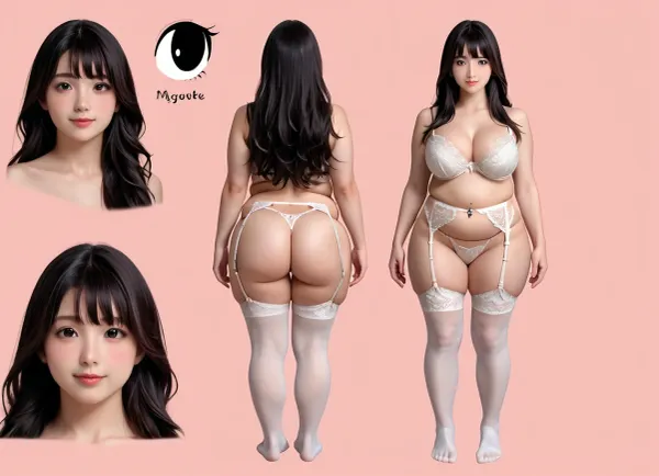 multiple views of the same character, model sheet, character sheet, reference sheet, masterpiece, ultra-detailed, best quality, (photo-realistic, hyper-realism, clear image, detailed face:1.2), (full body shot:1.2), cute, 21years old, Japanese girl standing straight, (frontal body, arms at sides, wide stance), facing forward, smile, clean_eyes, (pretty round face), beautiful black hair, straight long hair, bangs, flushed face, (chubby, thick body:1.2), large breast, wide hips, pale skin, natural pubic_hair, naked, floral lace white bra and G-string and garter-belt and white thigh-high stockings, dangle navel piercing, front view, back view, face close-up view
BREAK, (simple light-blue and pink background), <lora:Model_Sheet_Xl:1>