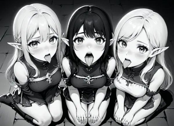 3girls, 18yo girl, elf soldiers, (((submissive expression))), mouth widely open, tongue all the way out, facing viewer, looking at viewer, ((on her knees)), hands on her lap, focus on mouth and tongue, extreme closeup on mouth, from above, (uvula), lineart, LineAniAF, <lora:LineAniRedmondV2-Lineart-LineAniAF:.5>