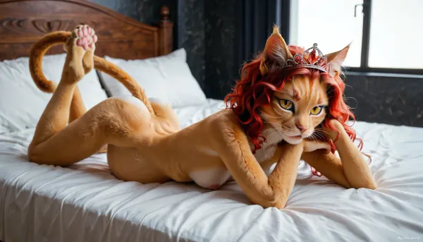 ((furry feline female), looking at viewer, cat's head, (red cat´s eyes), small tits, thin, slim, small ass, nude), <lora:catbody:.6>, yellow fur, tiara, pregnant, lying on bed, bedroom, show her vagina, full body, <lora:updated_realneko_v1:1>, <lora:hakama:2>