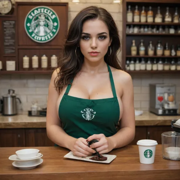 (masterpiece, high definition, 4k), (smokey eyes, eyelashes, perfect makeup, long hair, massive boobs, cleavage, <lora:bombshell_v2:.5>), starbucks barista, apron, cafe