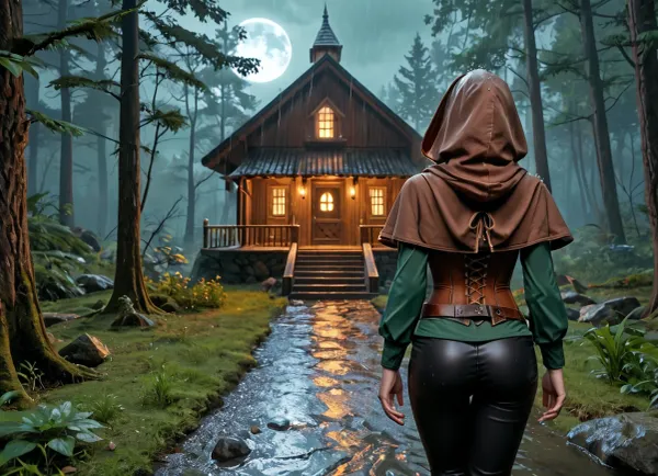 Back view, rain, ((with a brown hood on head)), Fantasy stating, 1girl with a hood on his head and a cloak, from The Witcher was walking through a fantasy dark forest and saw a lonely tavern in the distance, perfect face, back view, fantasy clothes, (long sleev, black trousers, green shirt, brown corset, belt), ((forest house)), in the distance, ((black pants)), ((green shirt)), fog, night, moon light