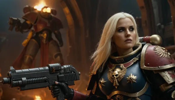 spaceship background, (well proportioned figure), (busty), heavy fullarmor, other hand bolter, space marine in background, adepta, sororitas, warhammer, 40k, wh40k, <lora:WH40XL:.5>, <lora:668916_training_data:.5>