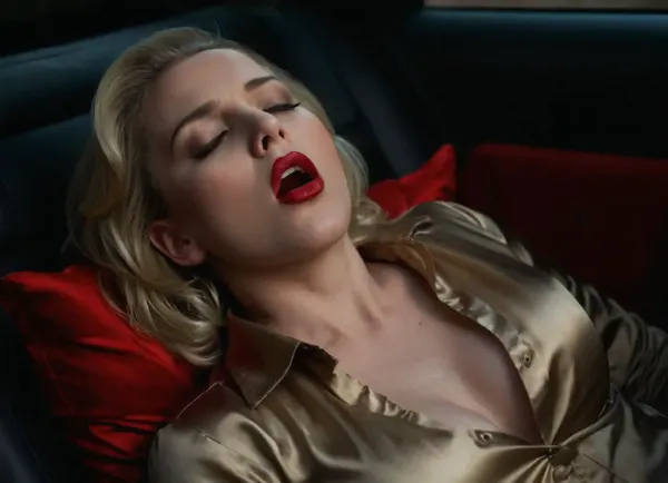 ((hyper detail)), A scared 18 years sexy slut in a dungeon, ruined makeup, (satin pale gold shirt ans satin pants), bob hair, red lipstick, black makeup, massive breasts, beautiful eyes, dark lighting, full length, (((Unconscious, open mouth, lying in an unnatural position, eyes closed, closed eyes, sleeping in car, dead girl lying in the car, car))), perfect legs and feet, Accurate eyes. Realistic detailed eyes. Realistic skin texture