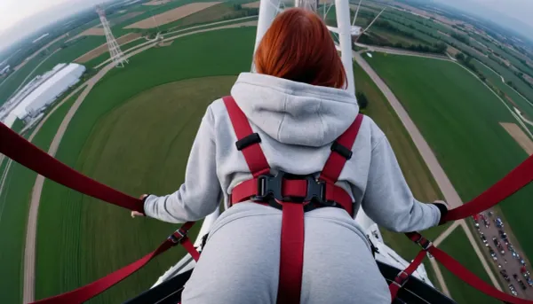 (Parachute harness with very many straps), standing on top of a radio tower, (close up of her ass), view from above, (petite redhead wearing puffy grey sweat pants and hoodie with the hood up), (her body strapped in racing safety harness with big wide puffy dark red straps:1.2), best quality, perfect lighting, ultra high skin detail