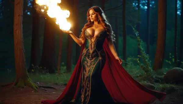 night, forest glade, beautiful sorceress, 35 years old, sexy luxurious dress with very deep neckline, huge massive breasts, very long wavy hair, jewelry, preparing to throw a fireball at a huge ogre.