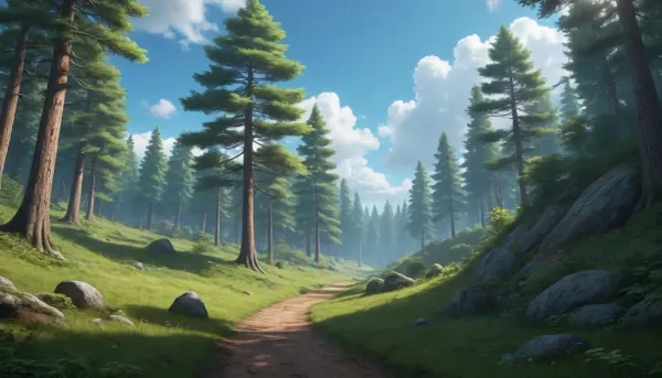 A beautiful wallpaper in the style of miyazaki, this is a nice landscape of a forest with a nice blue sky lights