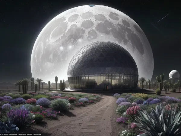 In 2065, on the moon, a splendid garden is sheltered under a ultramodern gigantic glass parabolic dome, it is the only natural place left in the moon, (several tens of kilometers in diameter:1.4), (a sprawling garden inside and a the moon's desert outside), (seen from afar:1.5), <lora:Background_Detail_v3:.5>, <lora:more_details:.5>