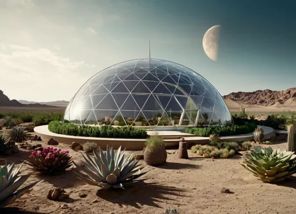 In 2065, on the moon, a splendid garden is sheltered under a ultramodern gigantic glass parabolic dome, it is the only natural place left in the moon, (several tens of kilometers in diameter:1.4), (a sprawling garden inside and a the moon's desert outside), (seen from afar:1.5), <lora:SDXLHighDetail_v5:.5>, <lora:add-detail-xl:.5>