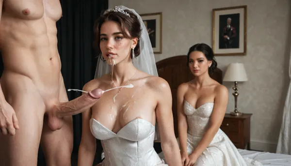MMF, Wide shot of an athletic 25 years old Swedish woman, 1 woman, two men, interacial, fancy hotel room, she is wearing a wedding dress, classy, saggy medium tits, slim body, pale skin, freckles, a white man is liking cum off her tits, sucking tits, cumshot, (projectile cum:1.5), (ejaculation:1.5), black man with huge cock is cumming on her tits and his face, gay, his hands on his dick, panties aside, cum dripping from pussy, cum on face, cum in eye.