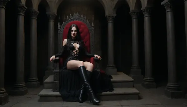 Girl in transparent black tunic, sitting on skull Throne, throne on a stone pedestal 3 steps high, black extra long hair, black lipstick, black makeup, glowing red eyes, pale skin, firm breasts, dark castle throne room, stonewalls showing signs of decay, legs spread sides of tunic are open, low shot, thigh high leather boots, iron stiletto heels