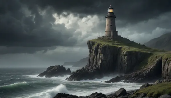 Ancient, weather-beaten lighthouse standing on desolate cliffs in a fantasy post-apocalyptic world. The structure is half-ruined, with vines and moss clinging to its cracked stone surface. Jagged rocky outcrops surround the base, partially submerged in dark, storm-tossed waters.

A mysterious cloaked figure of a witch stands atop a distant cliff, her silhouette outlined against the ominous sky. Heavy rain falls across the landscape, merging with thick mist that clings to the rocks. The atmosphere is one of eerie solitude and ancient magic, with faint lightning illuminating the horizon.

The scene combines elements of dark fantasy and post-apocalyptic desolation, creating a mood of mystery and foreboding. Every surface shows signs of decay and age, with realistic textures of wet stone and decaying masonry. The lighting emphasizes the dramatic tension between darkness and the faint glow of the lighthouse remains.