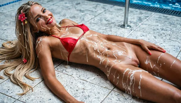 Detaylı bir gün: güneş, havuz ve renkli bir mini bikinide çok ciltli bir kız