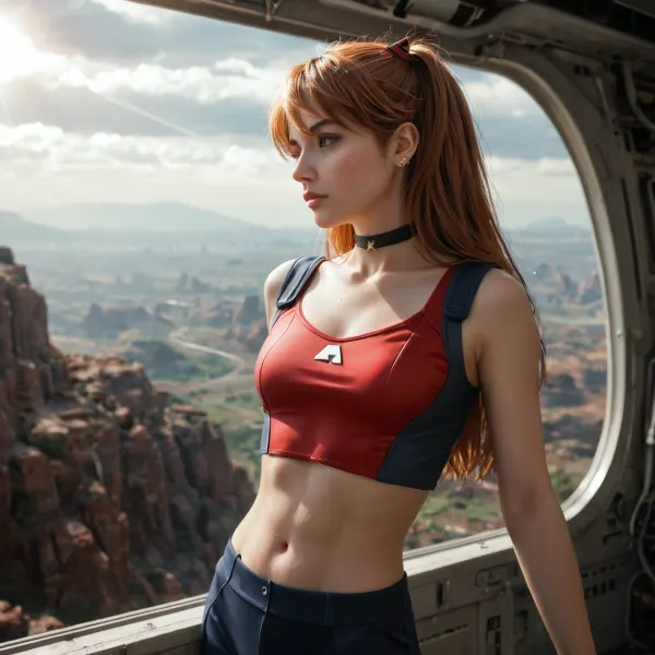 asuka, langley, long red flying hair, Star Trek uniform, black choker, (sexy midriff:1.2), facing away, going away, looking over her shoulder towards you, background is industrial ruin, ((focus on face:1.2), focus on back, crepuscular rays)