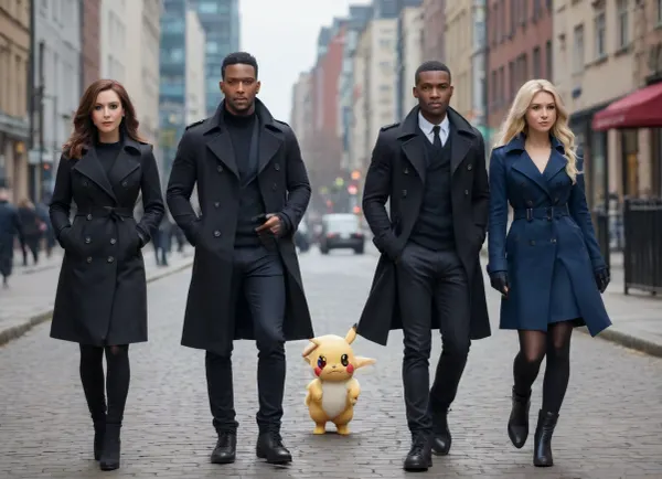 An male of 35 Years old with black trench coat at side of an Trio of sexy adult females of Nordic skin and male african skin, pokemons at side. pokemon sword and shield city, many pokemons following the trio
Realistic, photo at city center.