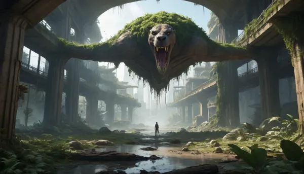 ** Bird's eye view of a post-apocalyptic metropolis, ** Vast jungles of concrete and steel are swallowed up by nature, skyscrapers with * * collapsed facades* * and **rusted beams* * have turned into vertical gardens where * * giant ferns* * and * * creepers * * entangle * * cracks in the walls**, and * * waterfalls of moss * * flow down through the **mangled elevators**. The roofs are hidden under a dense jungle canopy of oaks, palm trees, and glowing mushrooms, whose roots tear the freeways into crumbling slabs dotted with rusty car hulks and leaning streetlights. ** Collapsing bridges * * hang over * * overgrown canals**, where * * brown bears* * drink from * * swamps with water lilies**, and * * herds of antelopes * * roam among * * destroyed billboards* * with * * peeling paint**. In the sky, **swift peregrine falcons * * hunt * * flocks of crows * * circling over * * the remains of stadiums** where * * wild vineyards** have swallowed * * the stands**. ** The setting sun * * breaks through * * toxic yellow smog**, painting** the hazy haze **in * * neon green* * and * * blood orange * * shades, and * * bioluminescent algae * * shimmer in * * underground rivers* * of former subways. **8K detail * * highlights * * cracks in the asphalt**, **peeling paint* * on * * abandoned tanks**, **bird feathers scattered* * on * * alleys**, **dew drops** on **cobwebs* * between * * antennas** skyscrapers, * * rusty rivets* * on * * bridges* * and * * cactus needles * * piercing * * paving slabs**. ** HDR lighting * * enhances the contrast between * * warm highlights* * on * * cheetah skin* * and * * cold shadows* * in * * dungeon pits**, and * * raytracing * * creates * * a three-dimensional fog** that envelops * * helicopter remains* * on * * * runways**. **Focus* * on * * a giant baobab tree * * sprouting through * * the planetarium dome**, its * * snake roots* * entwining * * abandoned telescopes**, and * * the background * * dissolves into * * fog with ash particles**, where * * the silhouettes of cranes** and * * cranes * * resemble * * the skeletons of prehistoric lizards**. ** Lossless PNG format * * saves * * ultra-details**, from * * python scales* * on * * monument debris* * to * * ice crystals* * on * * icy arches* * in** permafrost * * underground storage facilities. Nature didn't just **win** — it **rewrote the DNA of the megalopolis**, turning it into a **symbiosis of apocalypse and rebirth**.