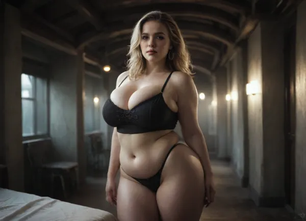 (retrofuturistic:1), (retrofuturism:1), plump, chubby, bbw, pawg, venus, body, big, breasts, ass, (bokeh:1), The Middle Ages, the village. A chubby village whore. She's wearing tight whore's clothes, provocative clothes, deep cleavage, and the worst makeup. She has long blonde hair and a perfect face., ((Big breasts, wide hips, thick thighs, extra chubby, small fat)), lonely, melancholic mood, game of shadows, photorealistic, not paying attention, best detail, contrasting shadows, bright light patches, light caustics, morning light, Low-key, lighting, Style, dim, low, dramatic, partially, covered, in, shadow, backlight, style, hair, light, <lora:Chubby BBW - XL:.7>, <lora:dark:.2>, <lora:hrg:.5>, <lora:Low-key lighting Style:.5>, <lora:backlight style:.5>