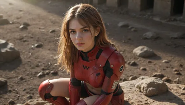 asuka, langley, long red flying hair, Star Trek uniform, armor, breast plates, (sexy midriff:1.2), heavy boots, being lost, outdoor at futuristic ruin, lost in battle zone, forlorn expression, dirty face, muddy face, muddy arms and legs, (scratches on face:1), (on her knees:1.2), background is futuristic ruin, horizon, sideview, view from above, (focus on face:1.2), crepuscular rays, god rays, ambient lighting