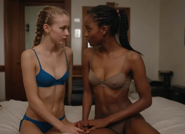 Au milieu de l'agitation : une histoire de deux désirs - une romance de bureau devient hardcore entre deux femmes excitées

- Oui.

Au cœur d'un espace moderne et animé de la ville européenne, deux femmes époustouflantes, l'une d'ascendance africaine et l'autre blonde, se sont assises à leur bureau. La femme ébène, aux yeux bruns, aux petites queues tressées, et un petit cul ferme, penché sur son bureau pour chuchoter quelque chose à la brune mince et à la peau claire aux yeux bleus, à la chatte rasée et aux seins pleins et réalistes. Leurs lèvres se rencontrèrent dans un baiser passionné avant qu'elles se lèvent, repoussant leurs chaises avec une éraflure contre le sol en tuile. Les lumières de bureau s'éclairaient alors qu'elles se déplaçaient l'une vers l'autre, leur corps se pressait, la peau scintille sous la lumière fluorescente. Le moment était intense, rempli de désir cru et d'adoration mutuelle, alors qu'une femme taquinait le petit cul dur de l'autre, tandis que l'autre fouillait ses doigts dans les douces queues tressées de l'autre. Leur connexion intime s'est approfondie, conduisant à une série d'actes passionnés qui ont joué dans le bureau peu éclairé, leurs yeux réalistes enfermés dans le contact visuel, reflétant la véritable profondeur de leur amour.