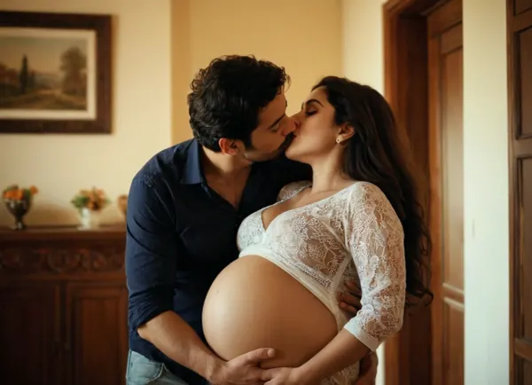 SFW, non nude image, kiss woman's belly, Iranian man kissing pregnant Iranian curvy pregnant woman's belly, at home, they are happy, warm and beautiful tour, very romantic scene.