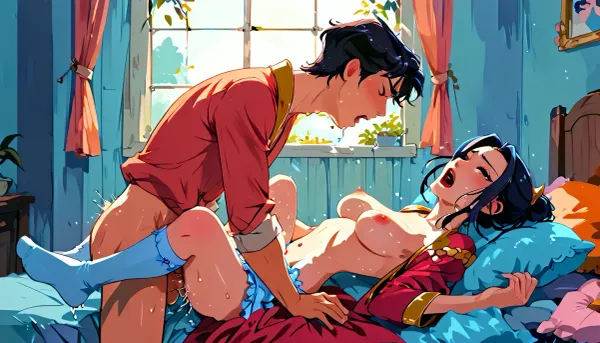 Axula, black hair, knee high socks, small tits, satin red robe open showing boobs and vagina, naked breasts, laying on side, in a pink and light blue room, frilly pink pillows, (missionary sex:1.4), (screaming, wet pussy), (passionate), pink and blue lacy miniskirt, upskirt, window with sunlight shining in, well lit room, silly cartoon doodles on walls, score_9, score_8_up, score_7_up, score_6_up, (j_cartoon:1.5), Drawing, Azula, topknot, <lora:J_cartoon:.8>, <lora:Animated_Concept:1.2>, <lora:385211_training_data:.5>